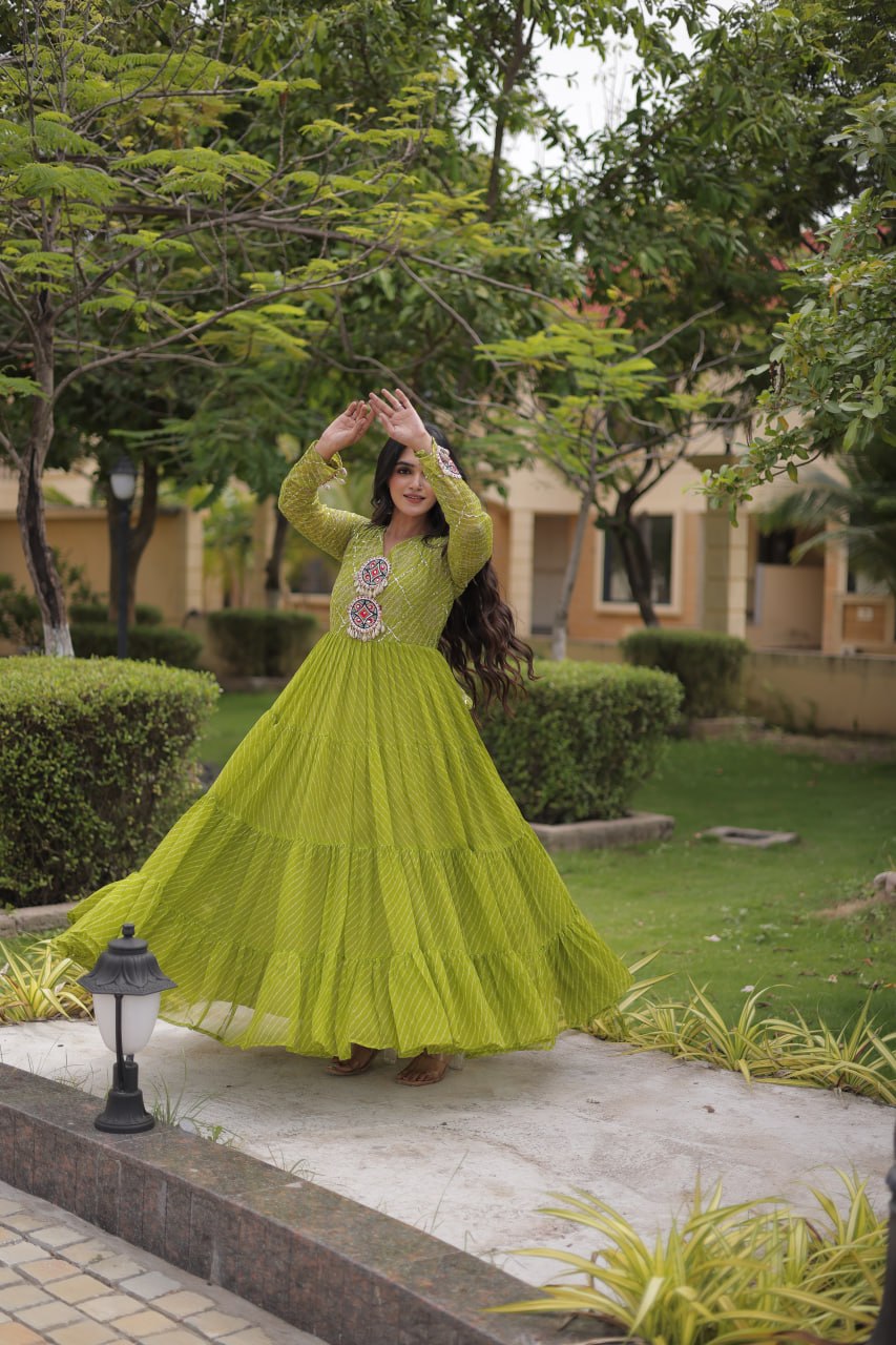 Parrot Green Laheriya Print Gown