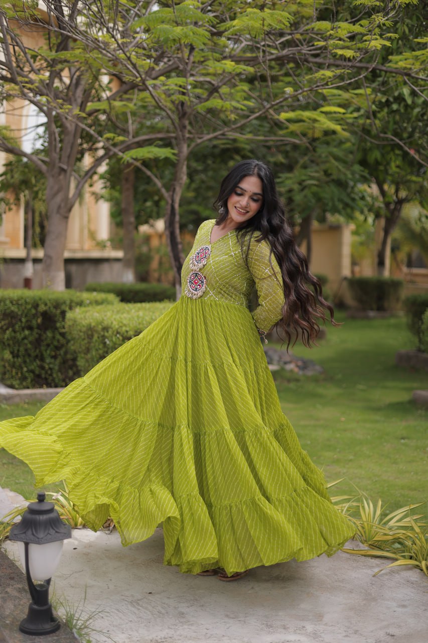 Parrot Green Laheriya Print Gown