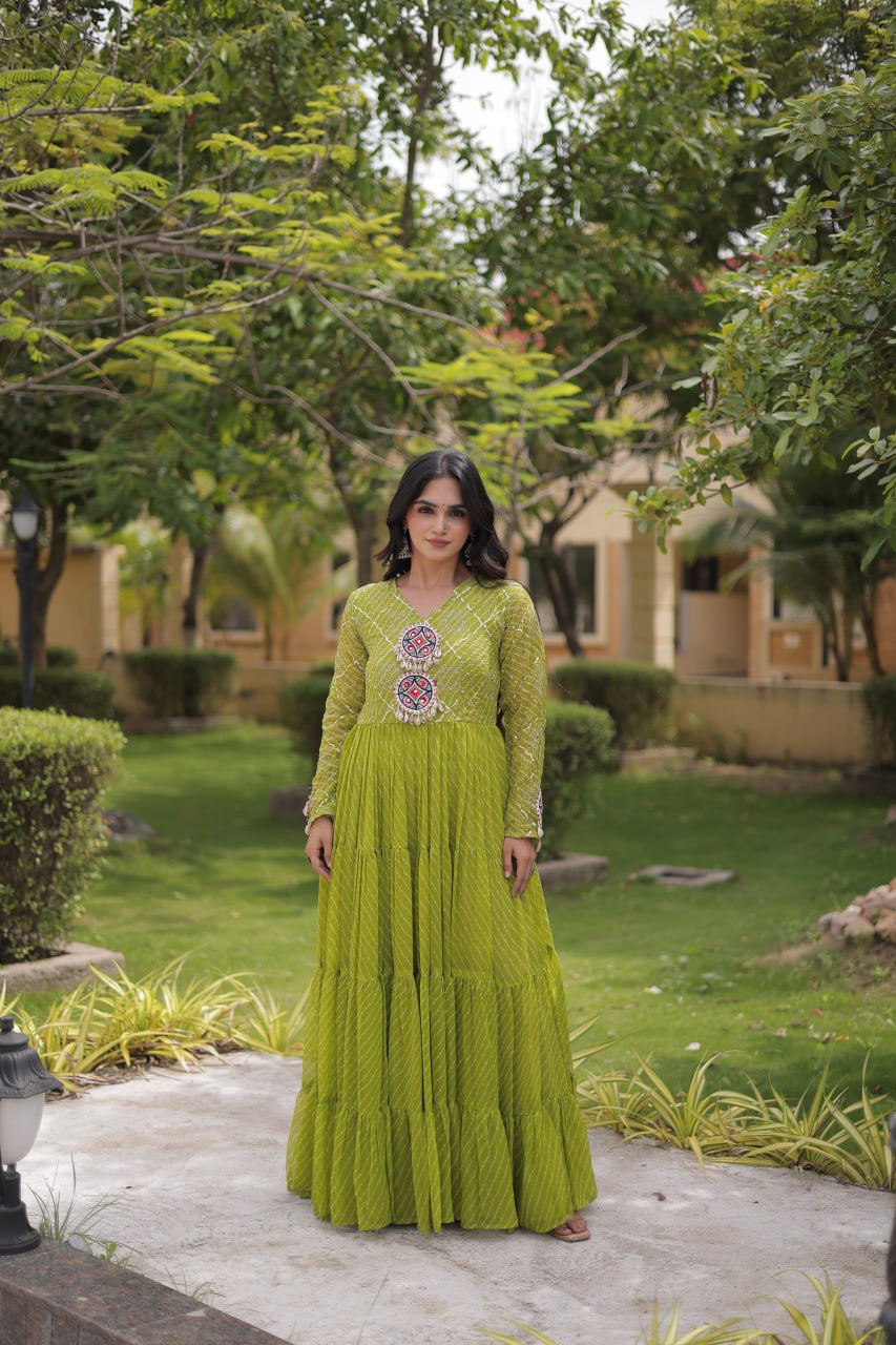 Parrot Green Laheriya Print Gown