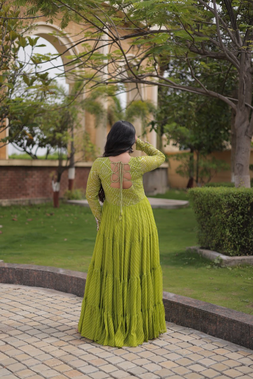 Parrot Green Laheriya Print Gown