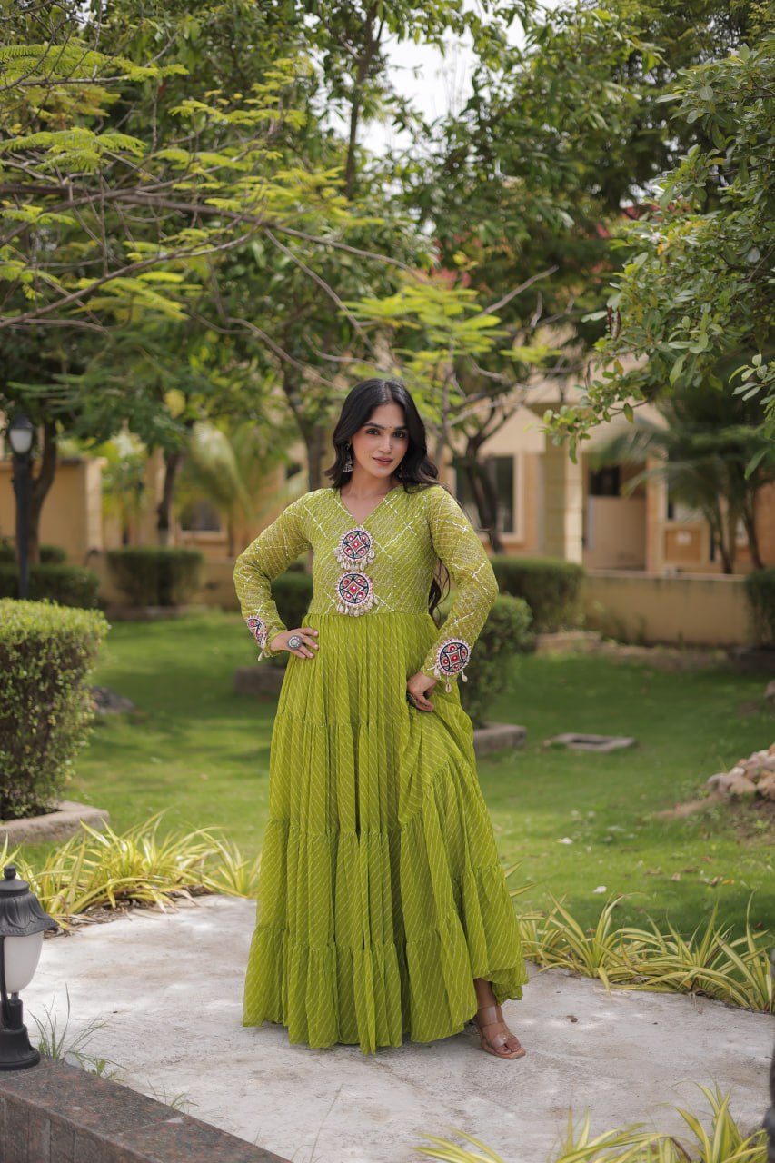 Parrot Green Laheriya Print Gown