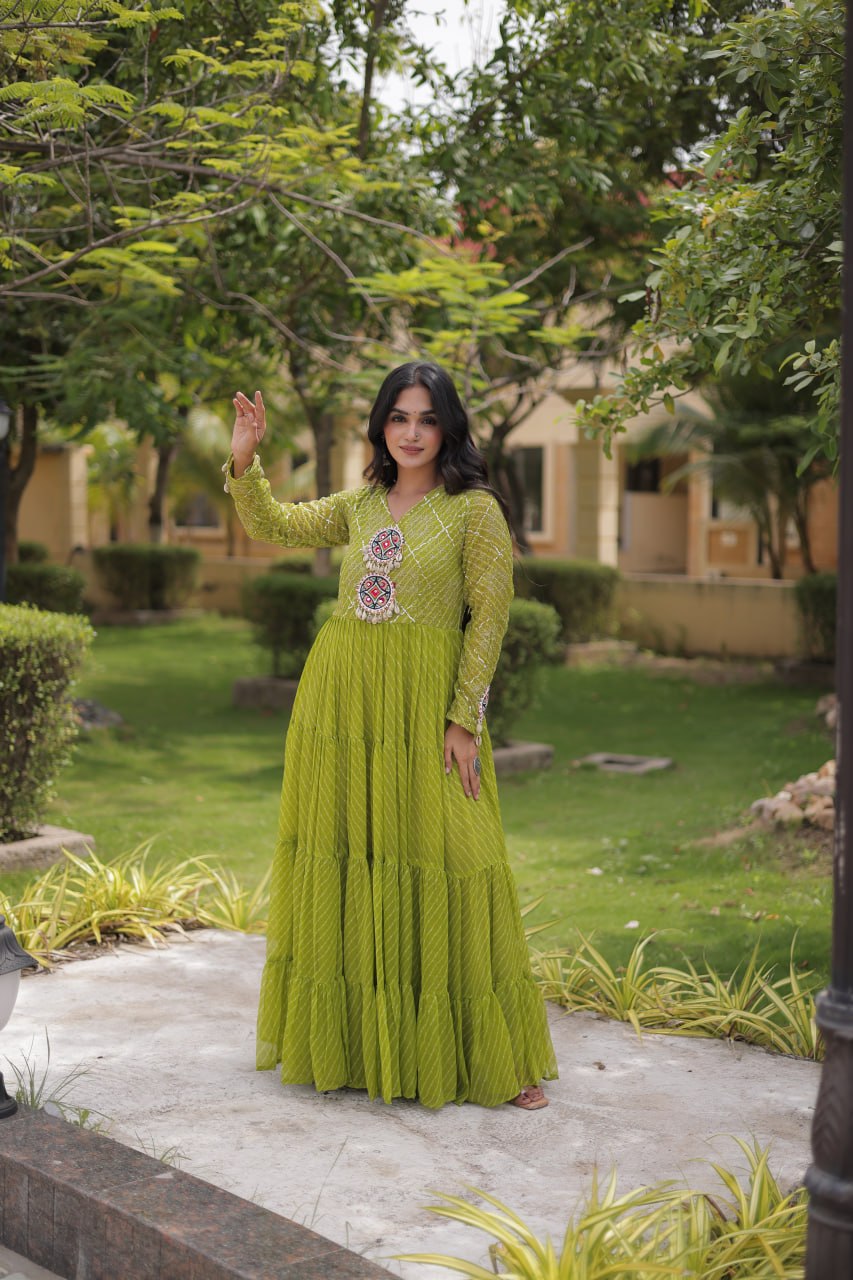 Parrot Green Laheriya Print Gown