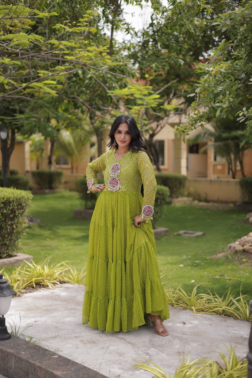 Parrot Green Laheriya Print Gown