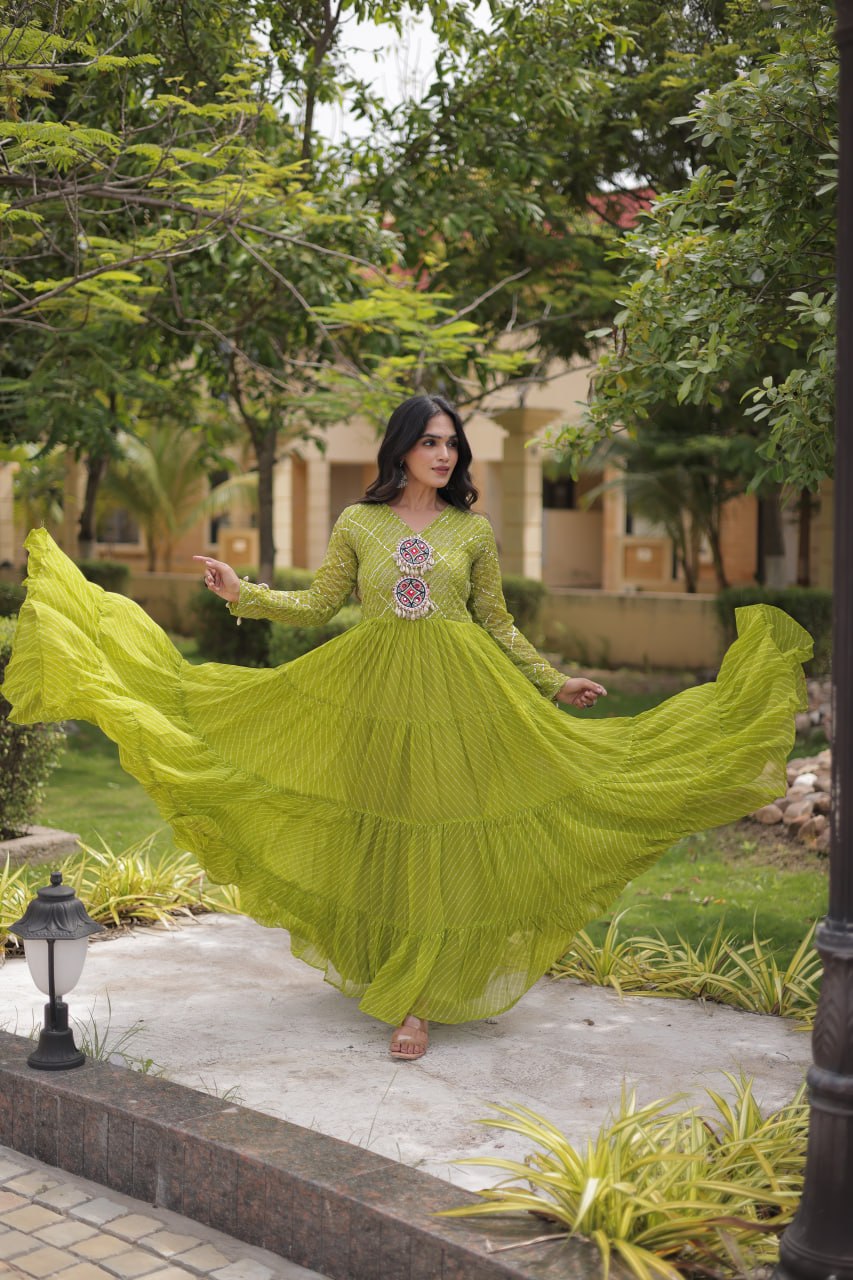 Parrot Green Laheriya Print Gown