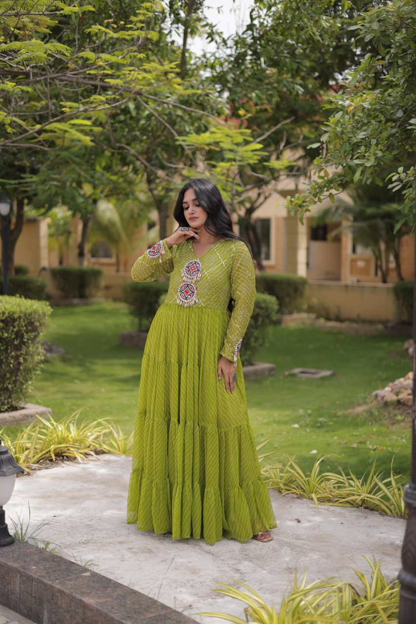 Parrot Green Laheriya Print Gown