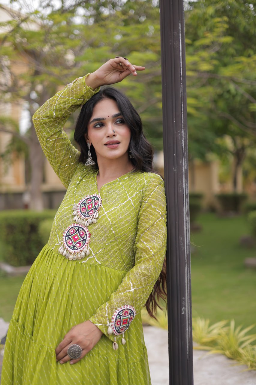 Parrot Green Laheriya Print Gown