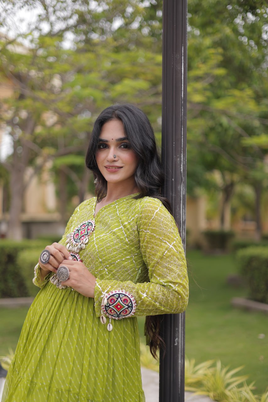 Parrot Green Laheriya Print Gown
