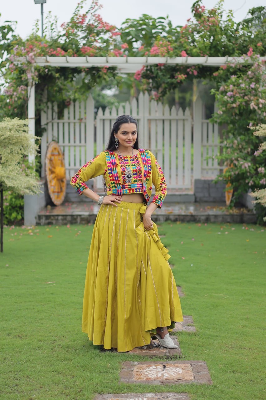 Parrot Green Navratri Special Roman Fabric Lehenga Set with Kutchi Gamthi Embroidery & Gota Patti Lace