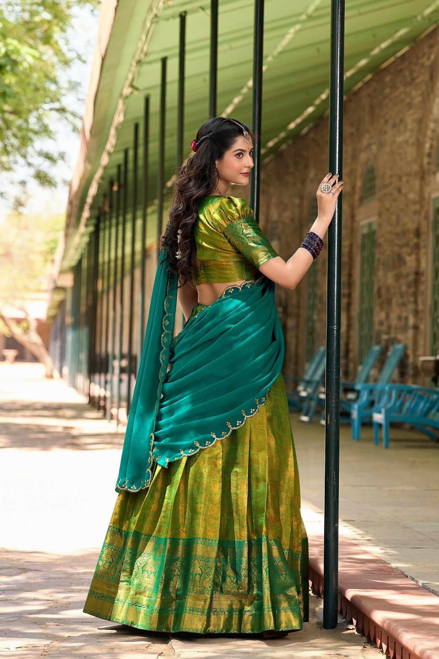 Parrot Green Regal Zari Woven Kanjivaram Lehenga Choli with Sequin Embroidery Dupatta