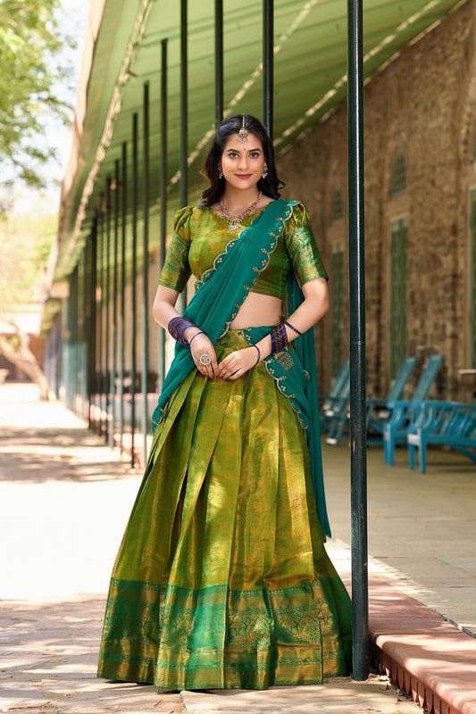 Parrot Green Regal Zari Woven Kanjivaram Lehenga Choli with Sequin Embroidery Dupatta