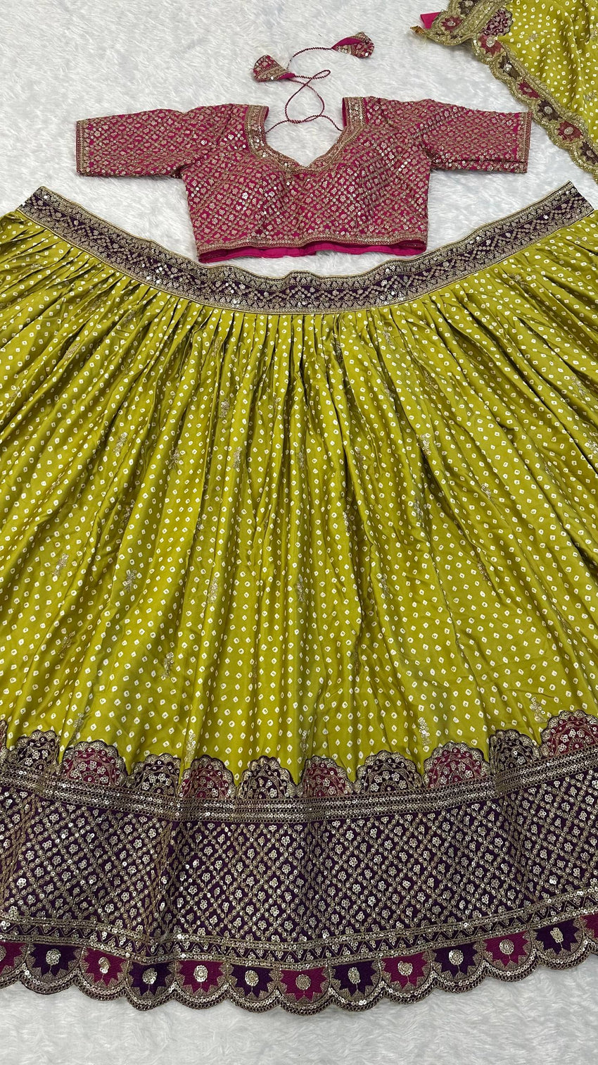 Parrot Green Thread Work Silk Lehenga Choli