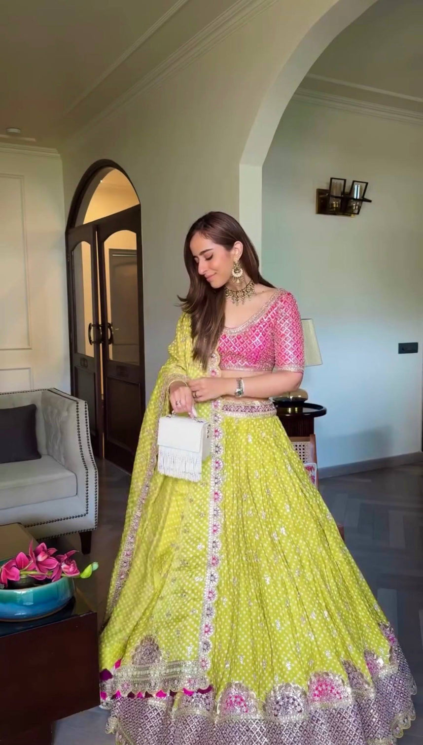 Parrot Green Thread Work Silk Lehenga Choli