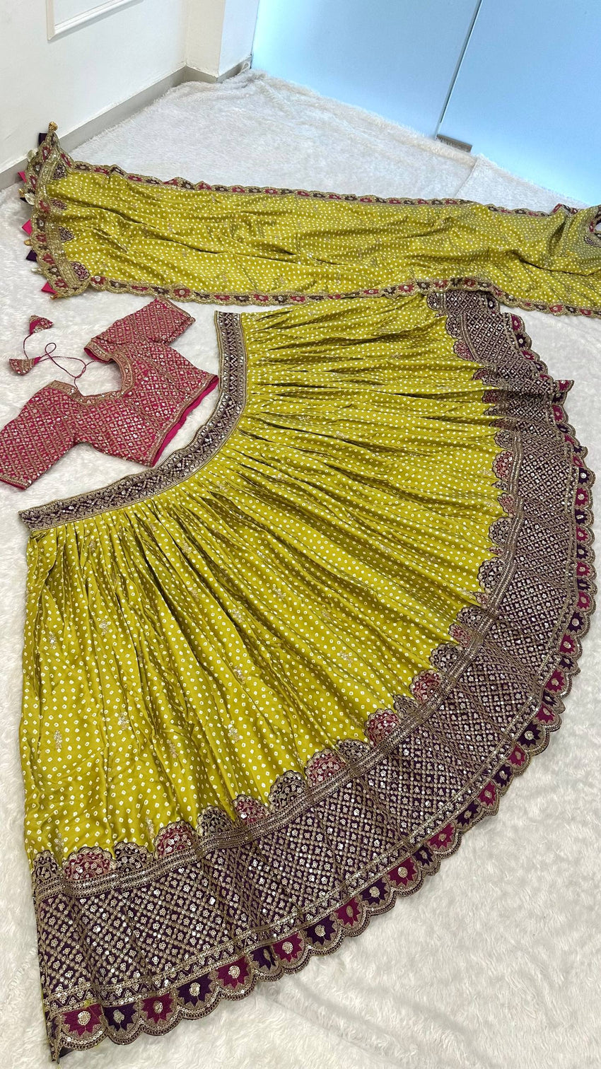Parrot Green Thread Work Silk Lehenga Choli