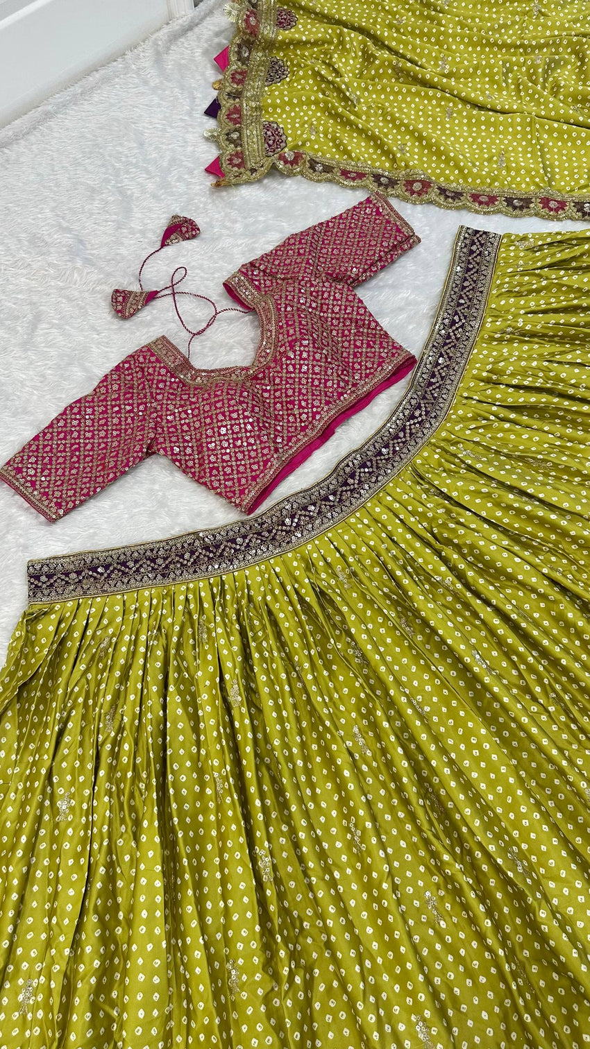 Parrot Green Thread Work Silk Lehenga Choli
