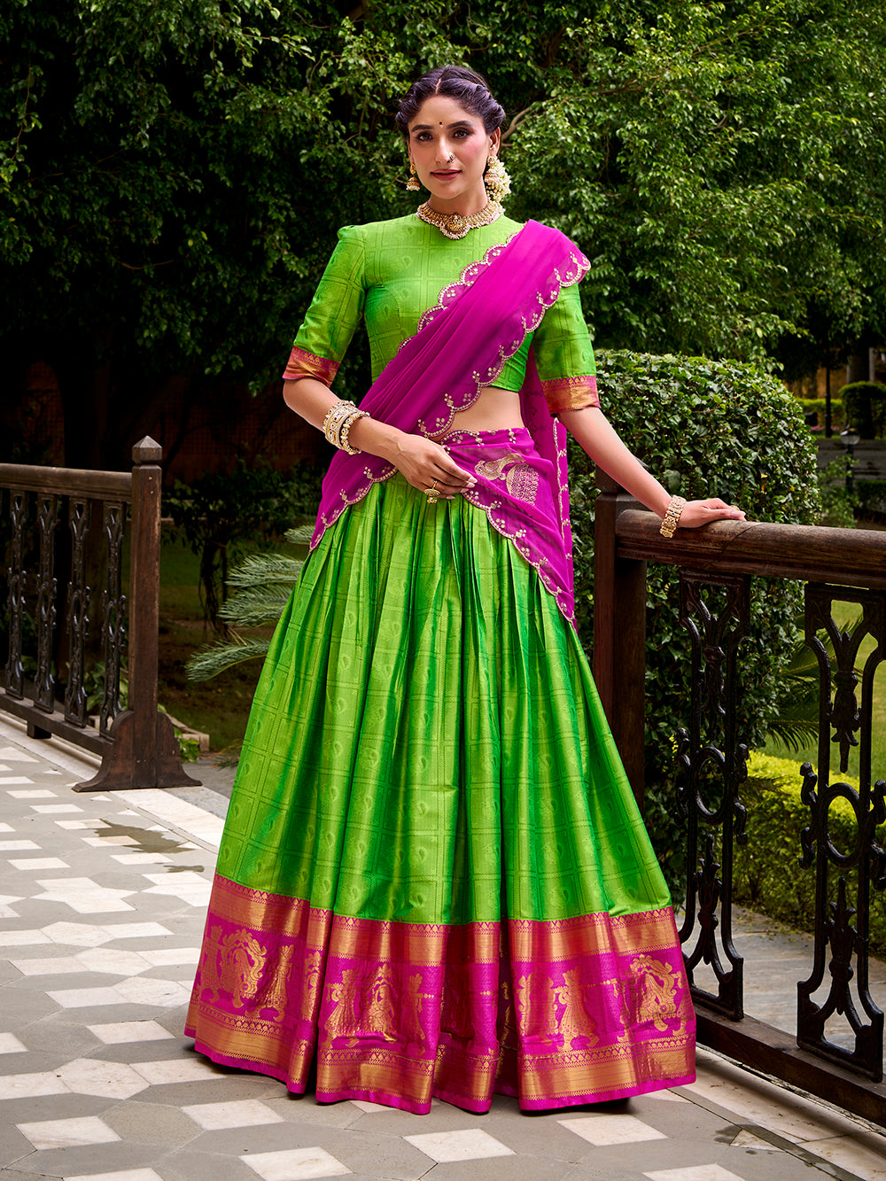 Parrot green poly cotton lehenga choli with zari weaving embroidered dupatta