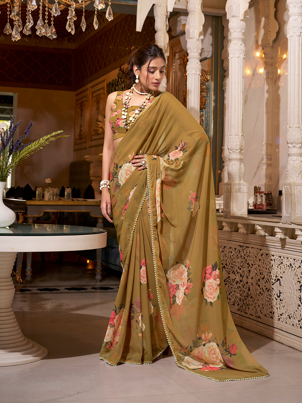 Brown georgette plain saree with printed pearl lace border
