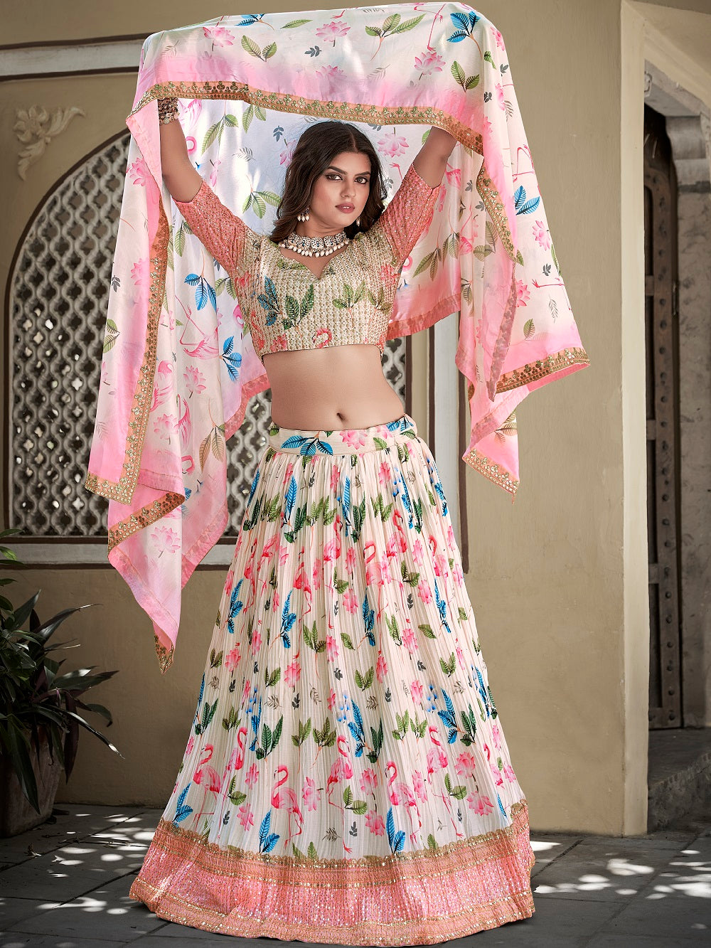 White Color Digital Print With Sequins Embroidery Work Crushed Chinon Lehenga Choli