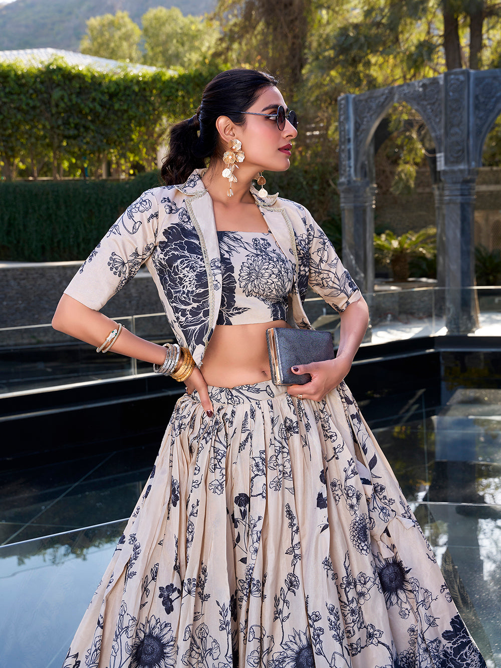 Ivory cream tussar silk crop top lehenga choli with floral print
