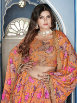 Orange Color Digital Print With Sequins Embroidery Work Crushed Chinon Lehenga Choli