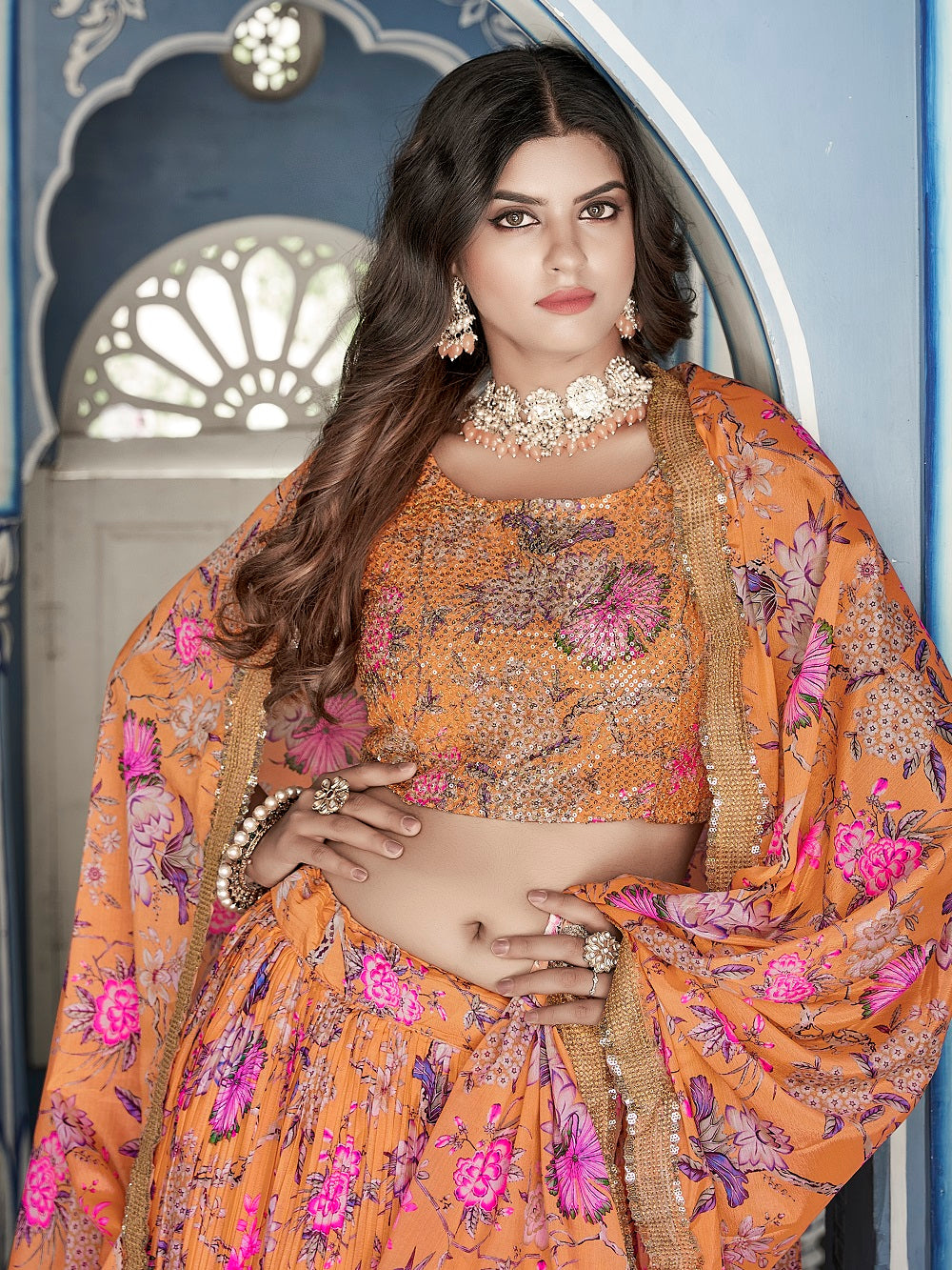 Orange Color Digital Print With Sequins Embroidery Work Crushed Chinon Lehenga Choli