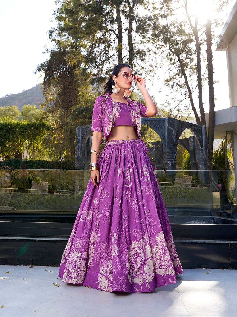 Purple tussar silk crop top lehenga choli with floral print elegance