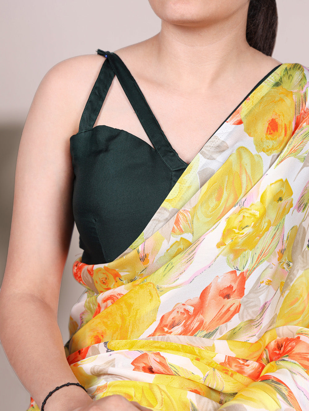 Yellow dull satin floral printed saree with matching blouse