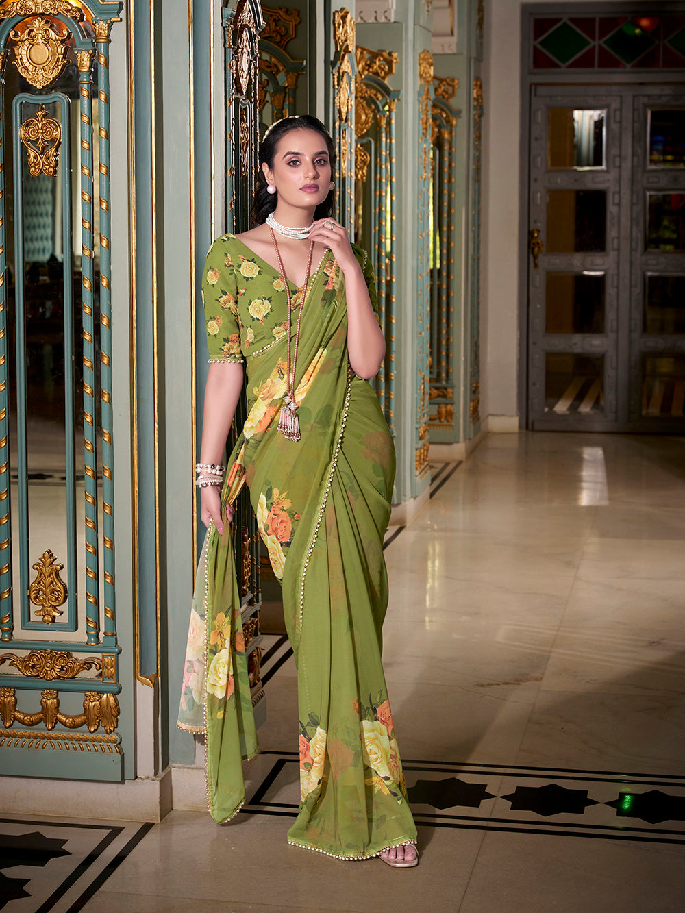 Mehendi green georgette plain saree with printed pearl lace border
