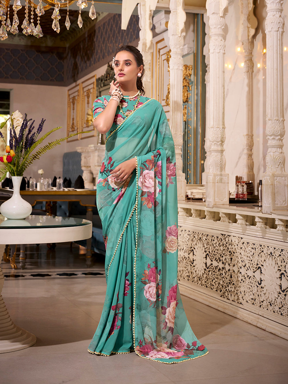 Green georgette printed saree with pearl lace border