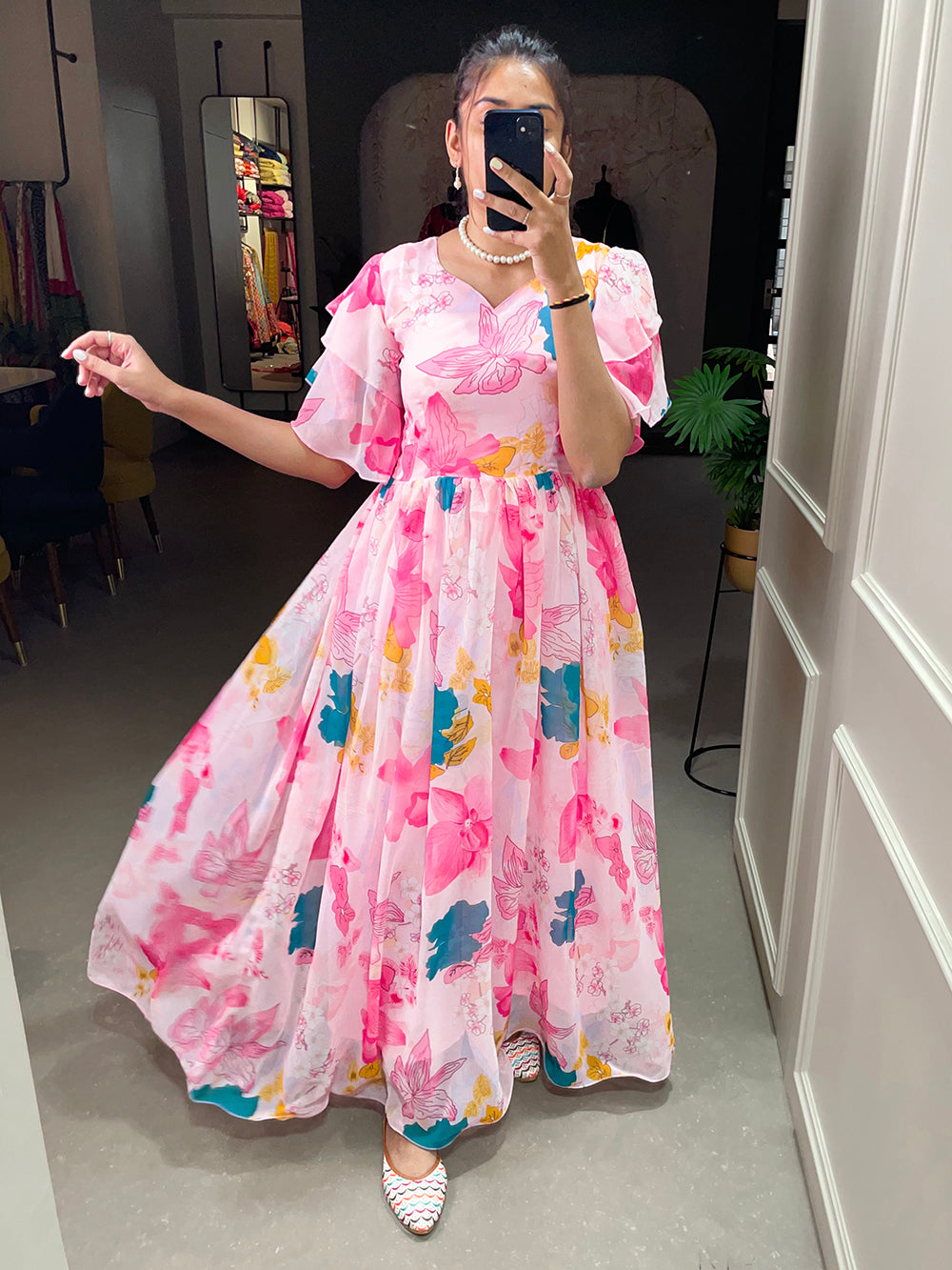 Baby Pink Color Floral Printed Georgette Gown