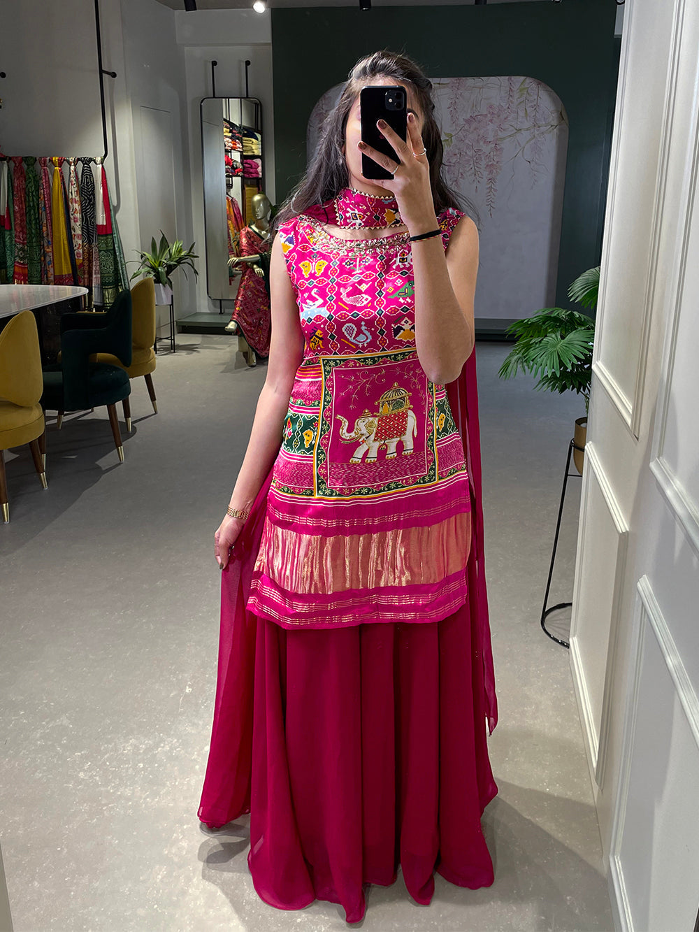 Pink color printed and handwork gaji silk kurti plazo set