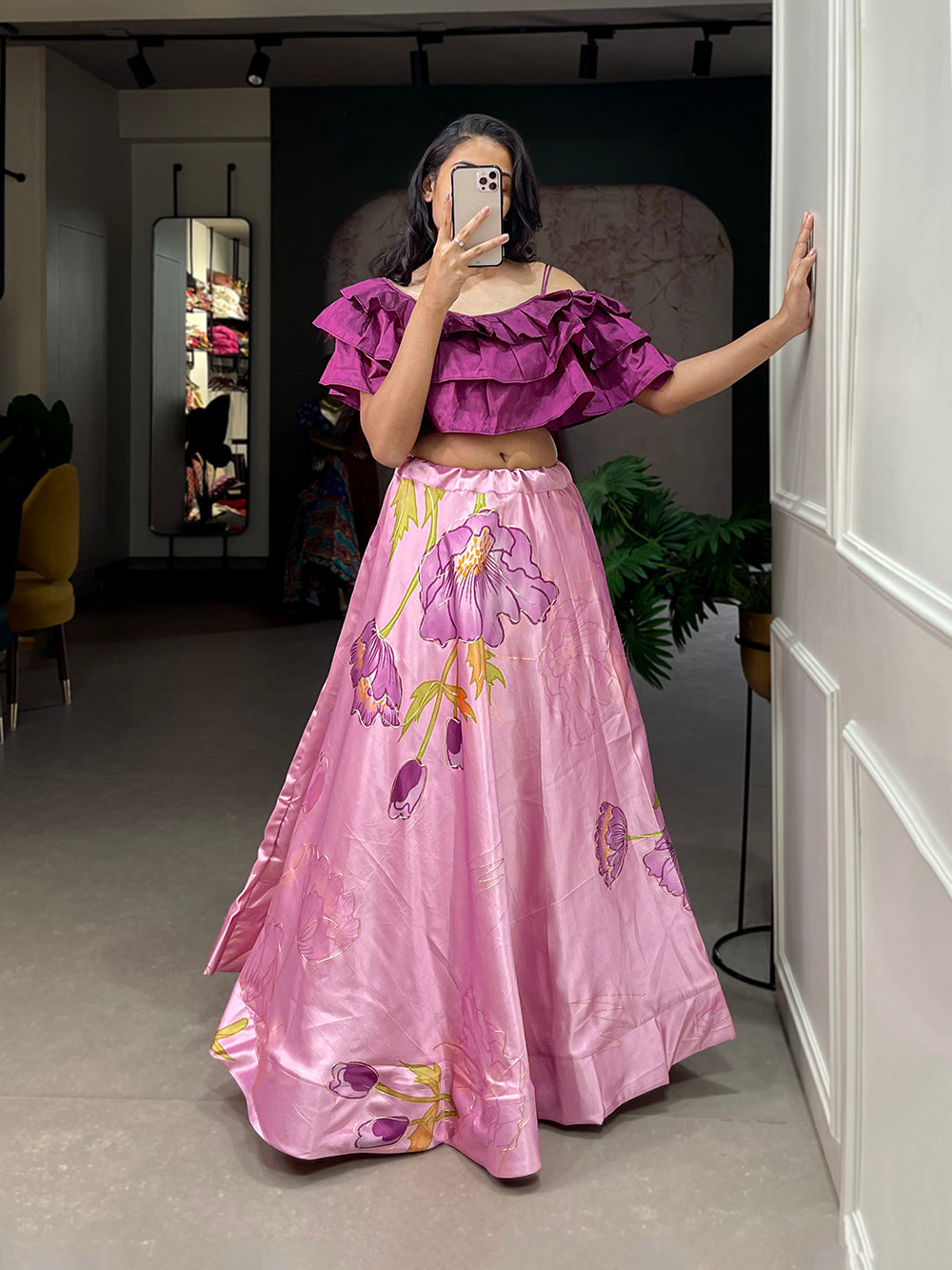 Lavender Color Digital Print With Foil Work Zari Satin Co-ord Set Lehenga Choli