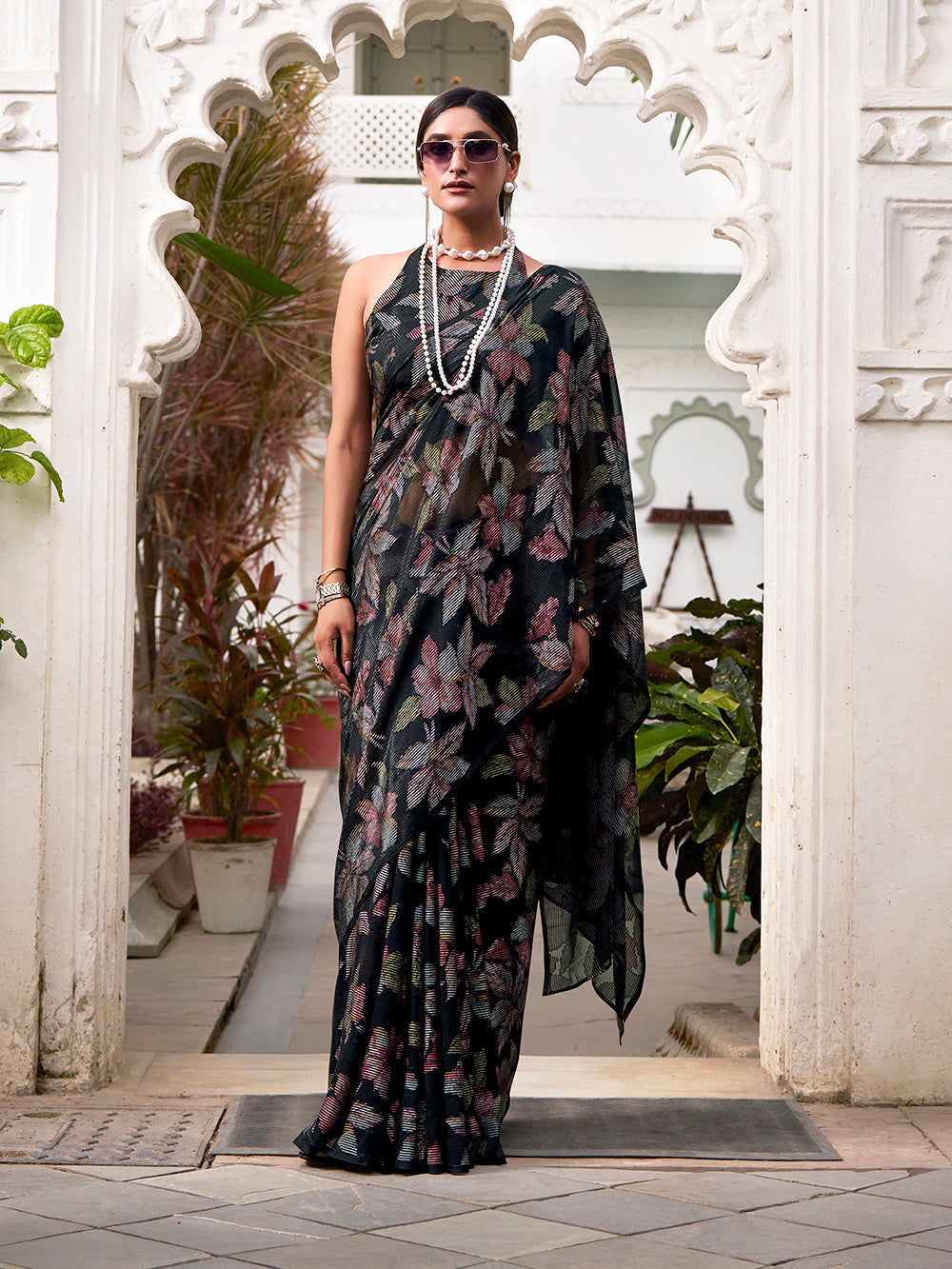 Black lurex brasso saree with floral viscose brasso matching blouse
