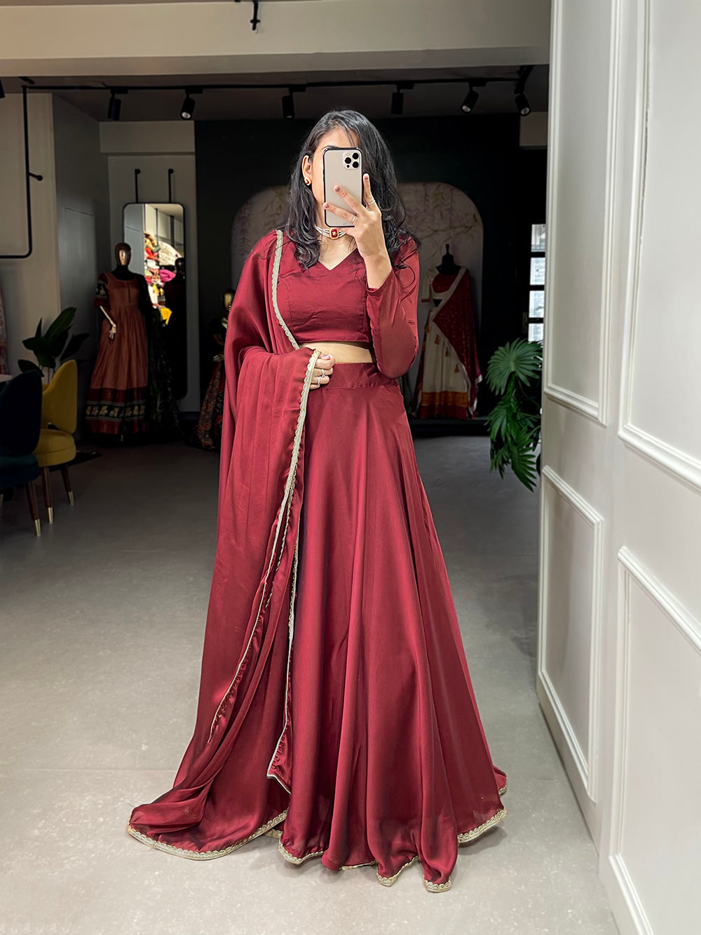 Maroon Color Plain With Lace Border Rangoli Silk Chaniya Choli