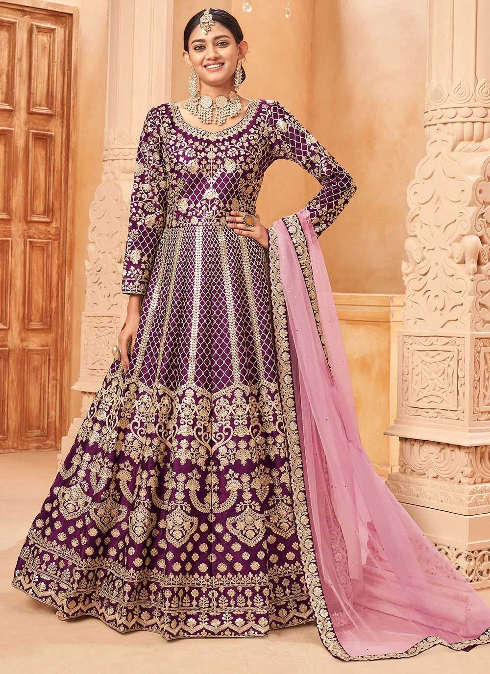 Party wear purple art silk indian anarkali dress