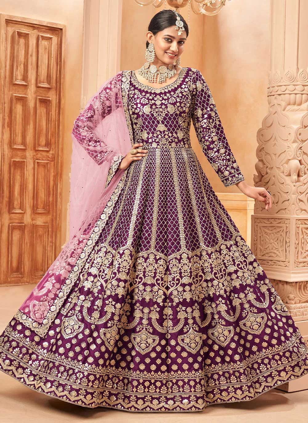 Party wear purple art silk indian anarkali dress
