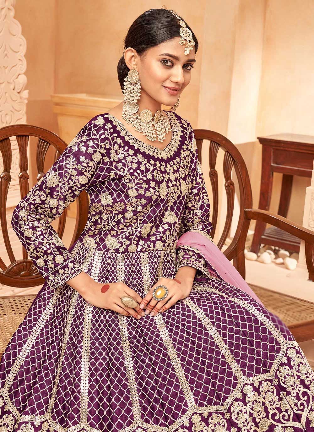 Party wear purple art silk indian anarkali dress
