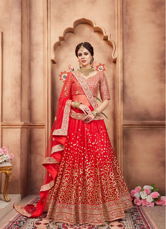 Party Wear Red Color Designer Soft Net Base Lehenga Choli