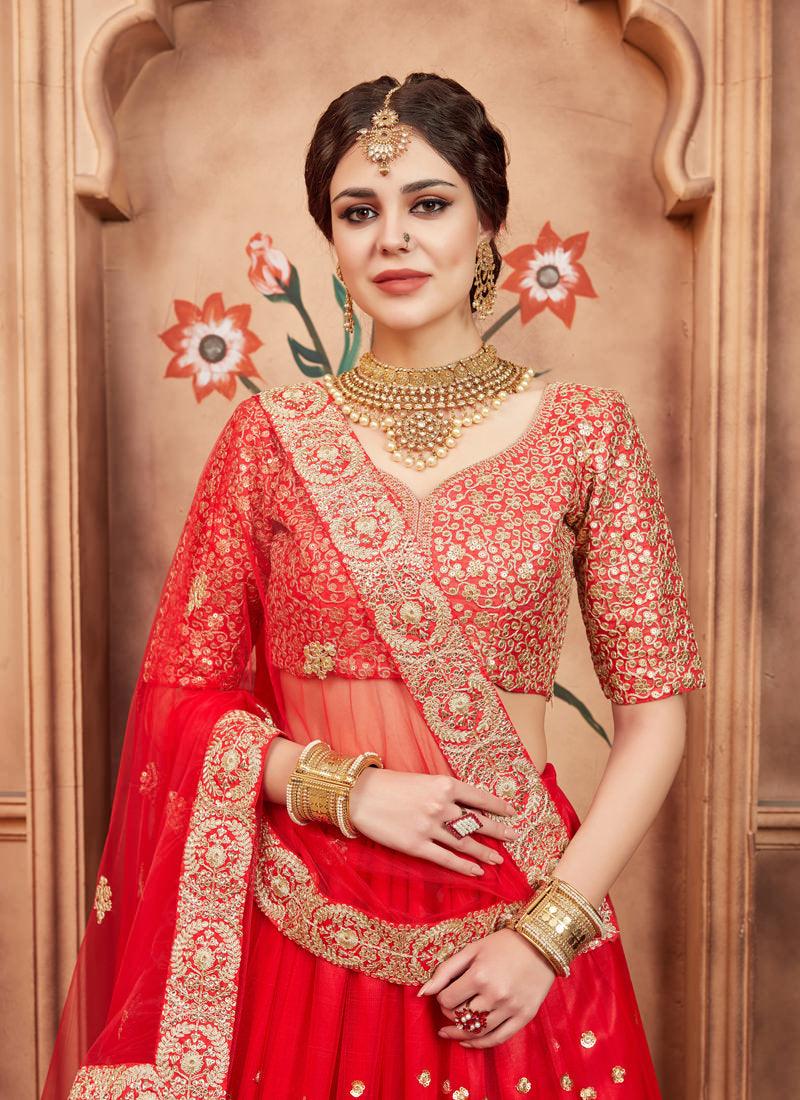 Party Wear Red Color Designer Soft Net Base Lehenga Choli