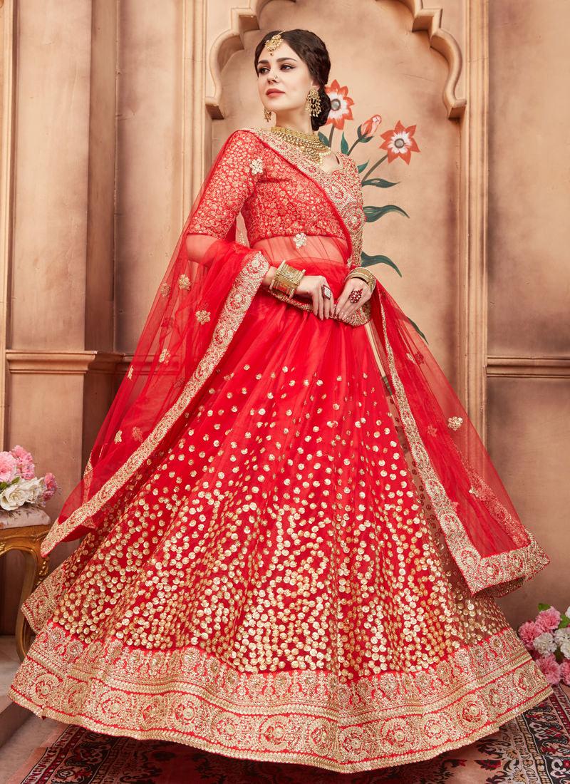 Party Wear Red Color Designer Soft Net Base Lehenga Choli