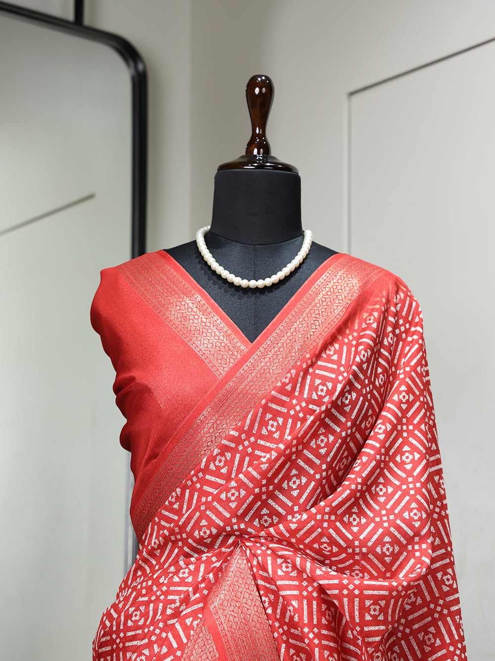 Red Color Printed With Zari Border Dola Silk Saree