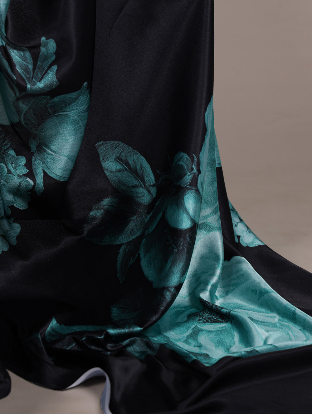 Teal floral printed satin silk saree with matching banglory blouse
