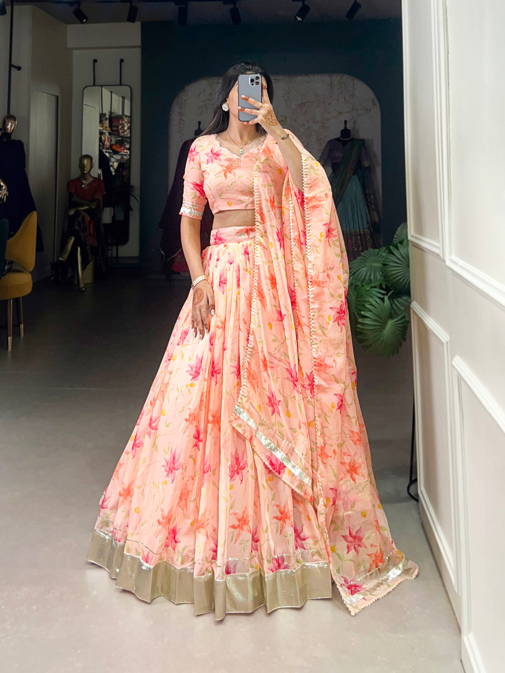 Peach tabby silk floral print lehenga choli with lace border