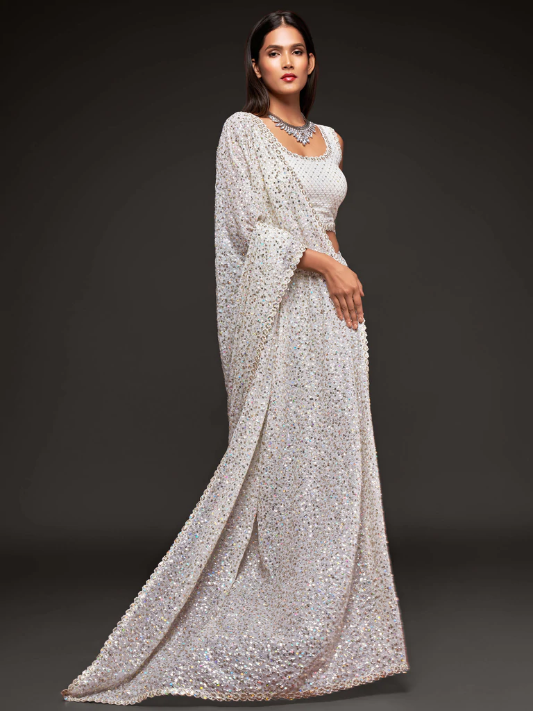 Party wear white georgette sequins embroidery saree