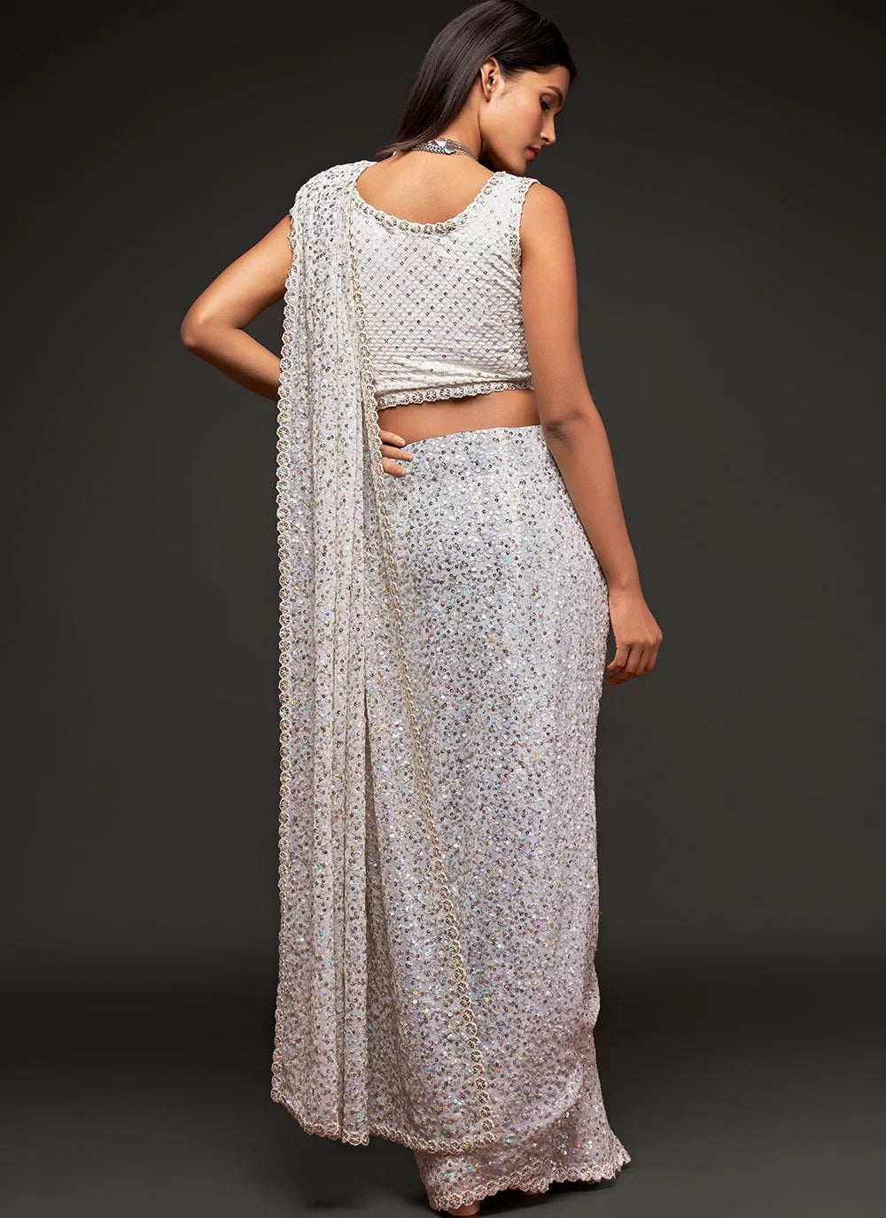 Party wear white georgette sequins embroidery saree