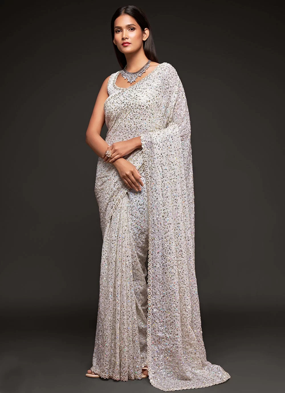 Party wear white georgette sequins embroidery saree