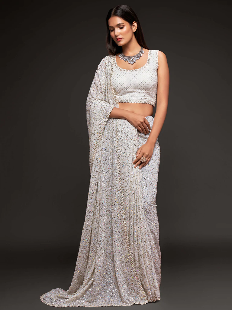 Party wear white georgette sequins embroidery saree
