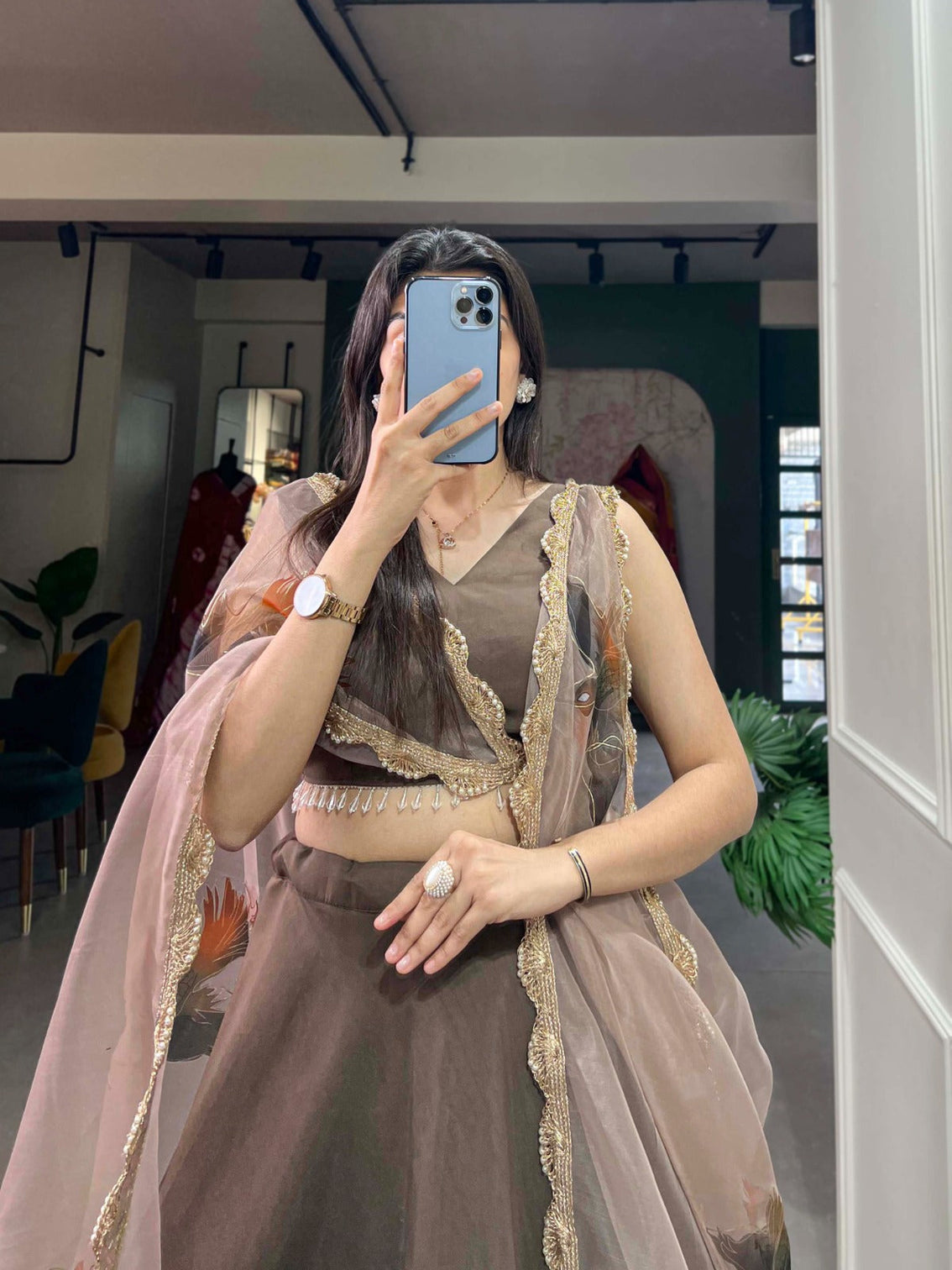 Pastel Brown Lehenga Choli Set with Organza Dupatta