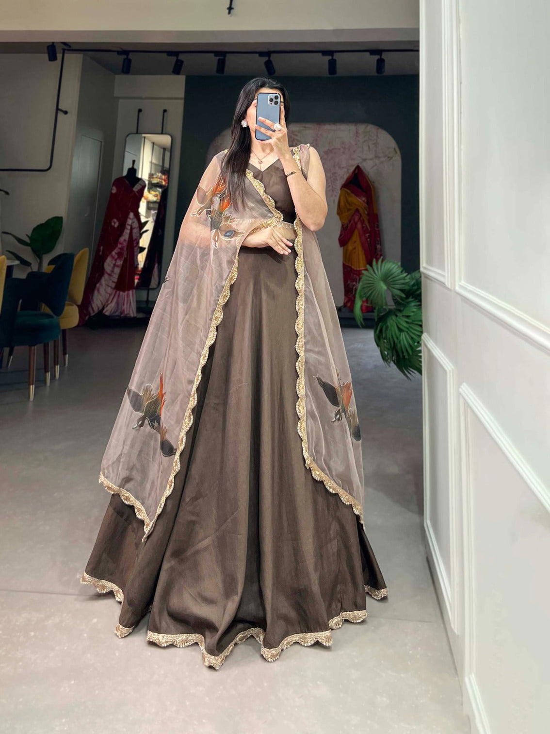 Pastel Brown Lehenga Choli Set with Organza Dupatta