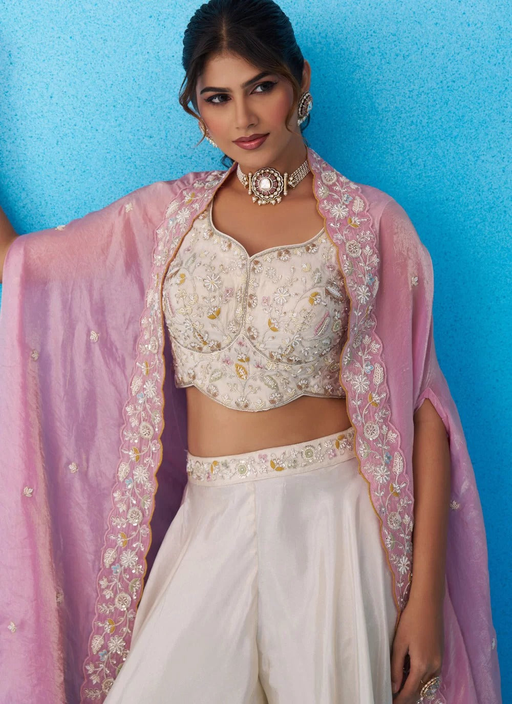 Cream pink indo western co ord set with embroidered cape for women
