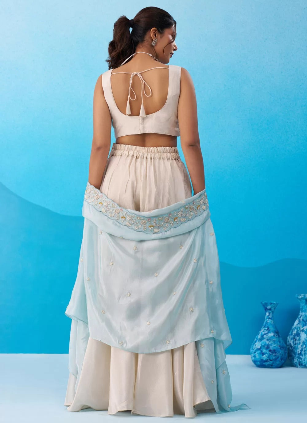 Cream sky blue indo western co ord set with embroidered cape for women